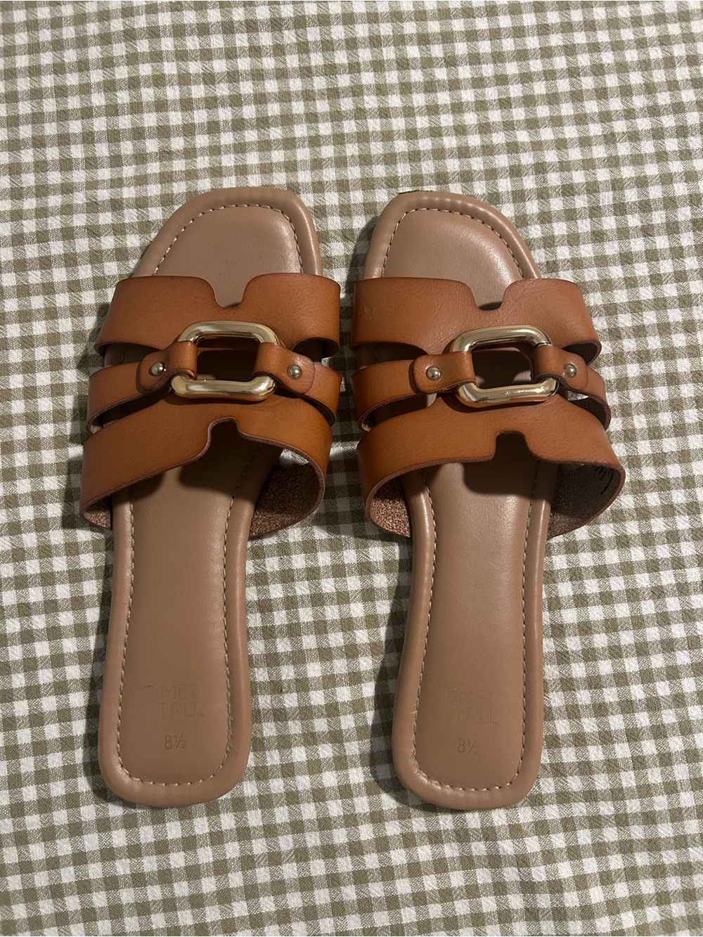 Time and Tru Brown Slide Mules with Gold Accent